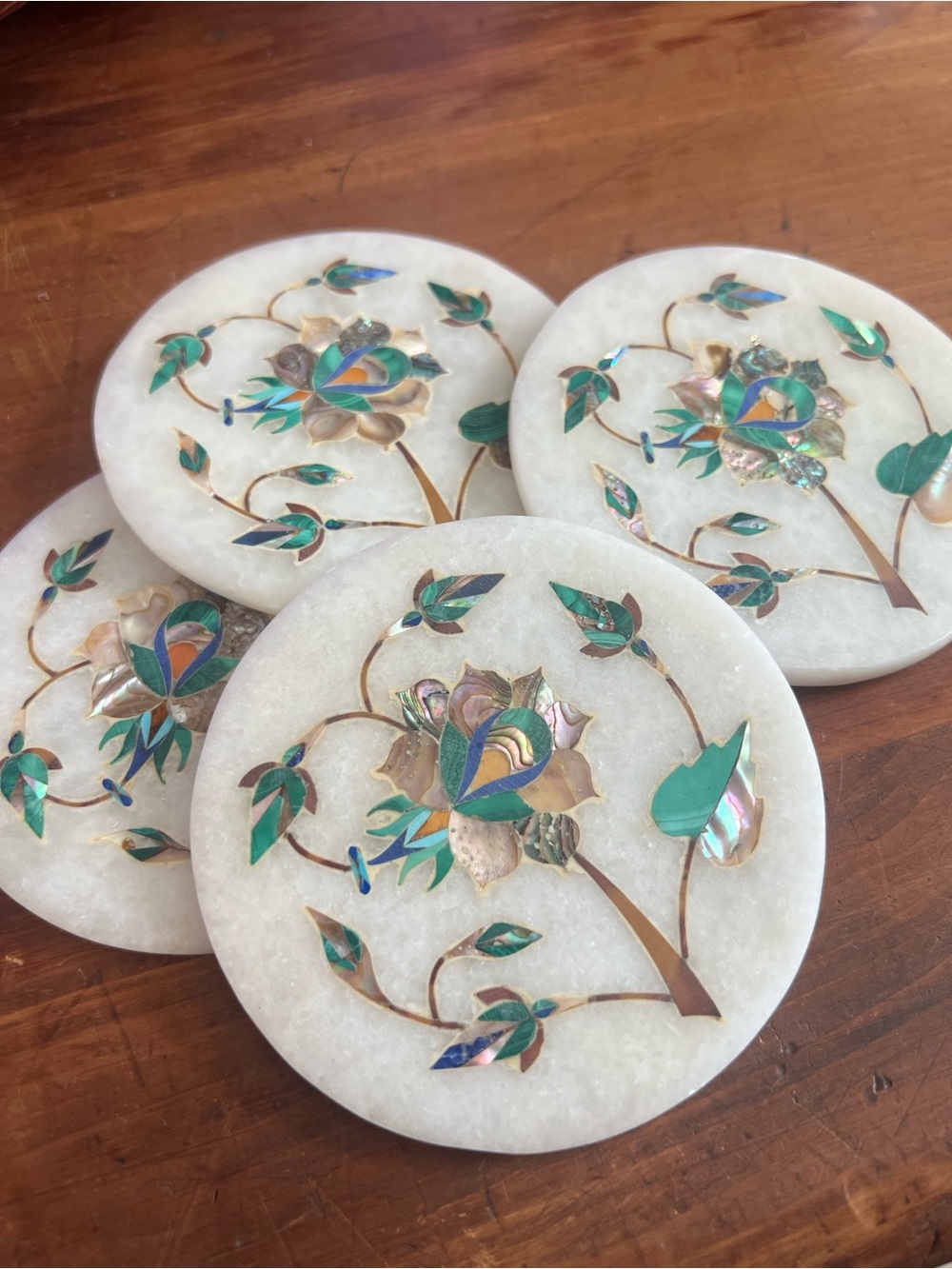 Inlaid Marble Coasters Mother-of-Pearl and Semi Precious Gemstone Floral Design